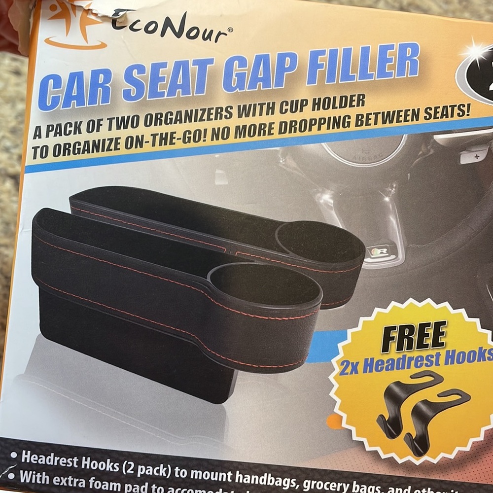 EcoNour Car Seat Gap Filler. 2 Pack. Black/Red Lining Cup Holder   NEW IN BOX!
